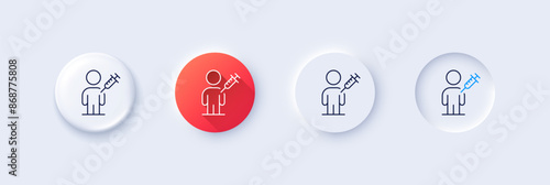 People vaccination line icon. Neumorphic, Red gradient, 3d pin buttons. Vaccine syringe sign. Man jabbed symbol. Line icons. Neumorphic buttons with outline signs. Vector