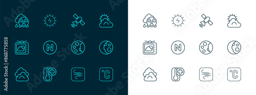 Set line Sun and cloud weather, Thermometer, Moon phases, Wind, Compass north, Satellite, Acid rain radioactive and Solar energy panel icon. Vector