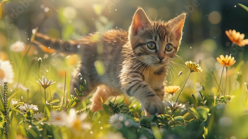 Adorable kitten leaping on green grass, Happy kitten playing in a spring park