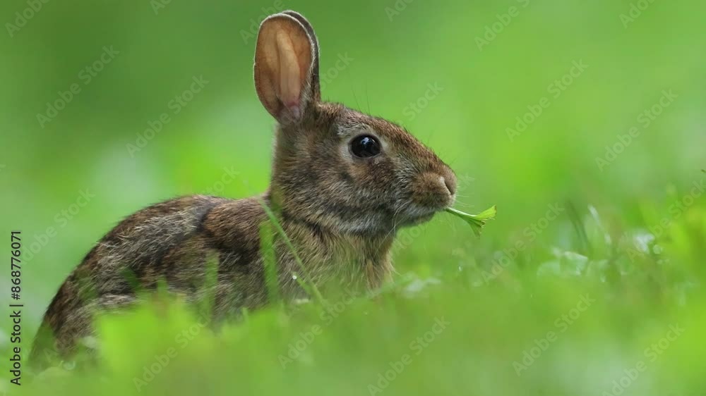 Young Eastern Cottontail Rabbit side view eating clover leaf Young Eastern Cottontail Rabbit side view eating clover leaf
