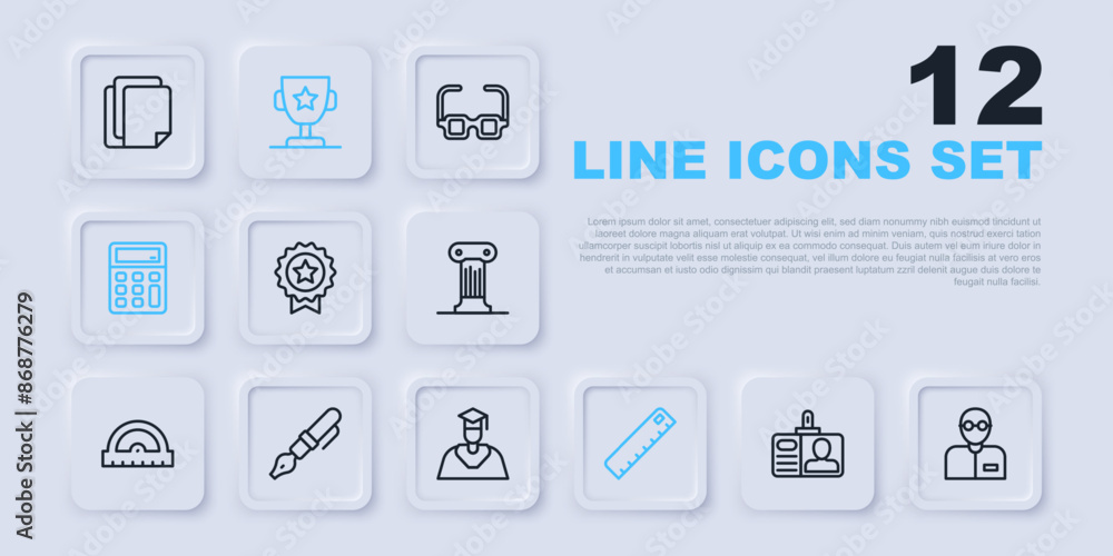 Set line Identification badge, Teacher, Medal with star, Ruler, Calculator, Fountain pen nib, Award cup and Graduate and graduation cap icon. Vector Set line Identification badge, Teacher, Medal with star, Ruler, Calculator, Fountain pen nib, Award cup and Graduate and graduation cap icon. Vector