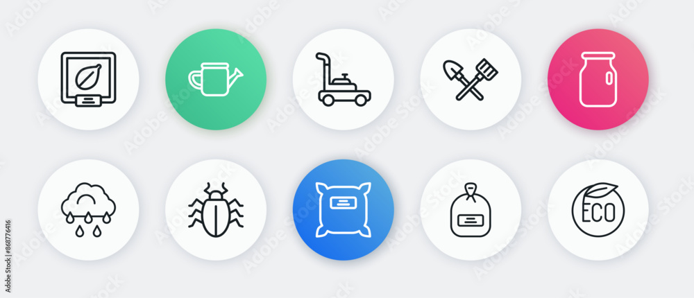 Set line Pack full of seeds, Glass jar with screw-cap, Cloud rain, Shovel and rake, Lawn mower, Eco healthy food and Colorado beetle icon. Vector Set line Pack full of seeds, Glass jar with screw-cap, Cloud rain, Shovel and rake, Lawn mower, Eco healthy food and Colorado beetle icon. Vector