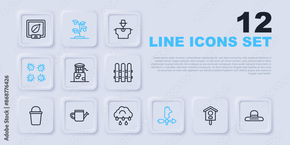 Set line Bird house, Farmer worker hat, Well, Rooster weather vane, Colorado beetle, Watering can, Sprout and Cloud with rain icon. Vector Set line Bird house, Farmer worker hat, Well, Rooster weather vane, Colorado beetle, Watering can, Sprout and Cloud with rain icon. Vector