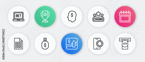 Set line Financial growth increase, Calendar, Lottery ticket, Online sports betting, Casino signboard, Lucky player, Automated teller machine and money and Money bag icon. Vector