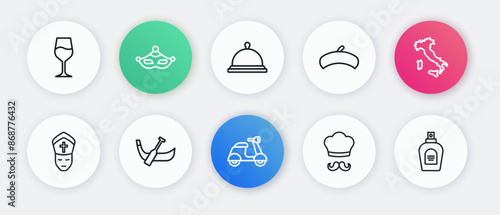Set line Scooter, Map of Italy, Pope, Italian cook, French beret, Covered with tray food, Perfume and Gondola boat icon. Vector