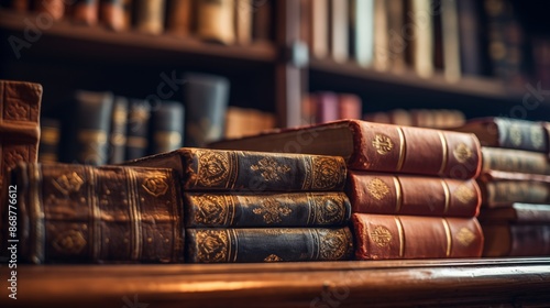 Banner or header image with stack of antique leather books in library. literature or reading concept.