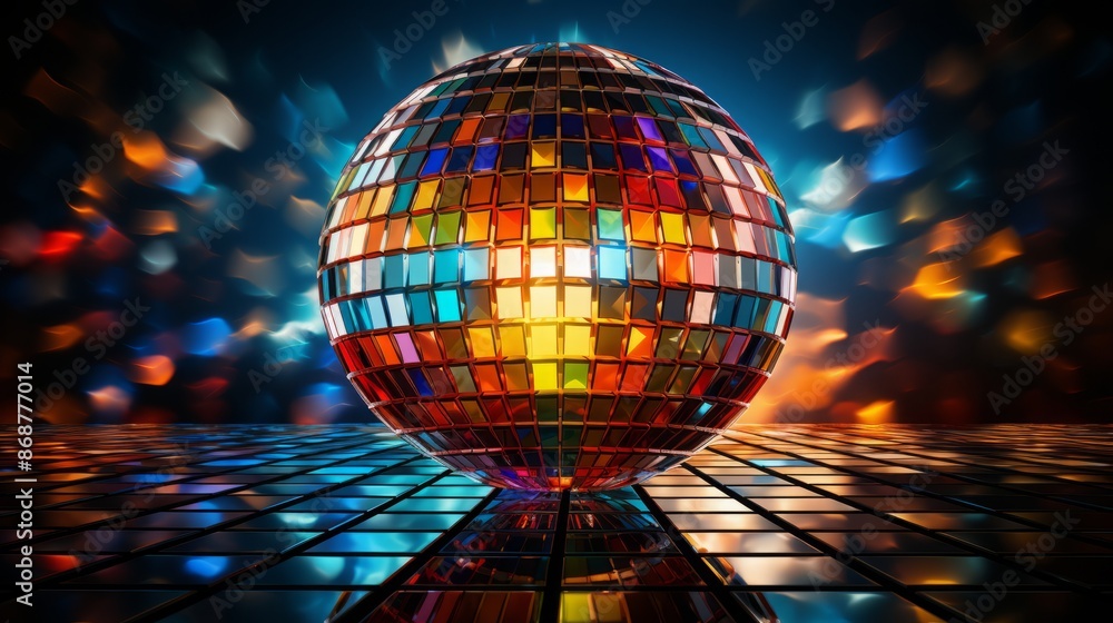 Obraz premium shining multicolored disco ball on an abstract dark background. retro disco concept.