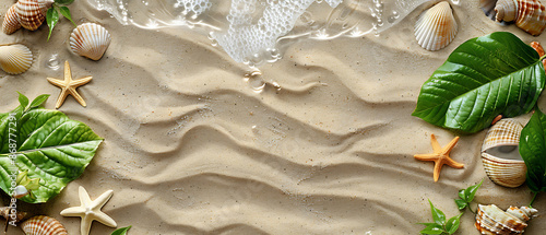 a sandy beach with seashells, starfish, and green leaves scattered around the edges. The center of the image features clear sand with natural texture and ripples photo