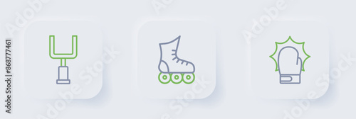 Set line Punch in boxing gloves, Roller skate and American football goal post icon. Vector