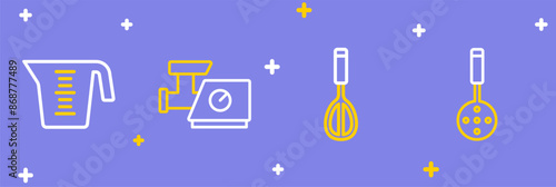 Set line Spatula, Kitchen whisk, meat grinder and Measuring cup icon. Vector