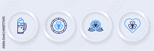 Set line Heart with clover trefoil leaf, Medal, Golden leprechaun coin and Glass of beer icon. Vector