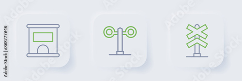 Set line Railroad crossing, Train traffic light and Ticket office to buy tickets icon. Vector