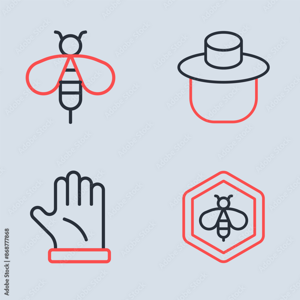 Set line Beekeeper with protect hat, glove, and honeycomb and icon. Vector Set line Beekeeper with protect hat, glove, and honeycomb and icon. Vector