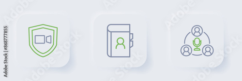 Set line Meeting, Phone book and Video chat conference icon. Vector