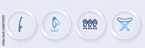 Set line Fishing harpoon, Case or box for fishing equipment, lure and rod icon. Vector