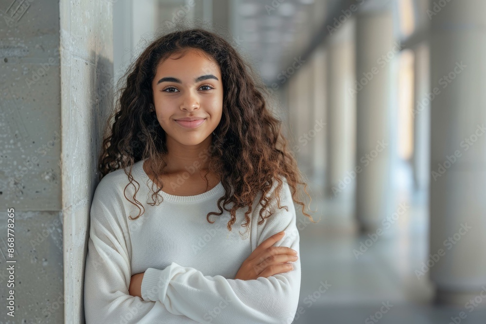 Confident young woman with curly hair smiling in a modern hallway, wearing a casual white sweater, arms crossed. Confident young woman with curly hair smiling in a modern hallway, wearing a casual white sweater, arms crossed.