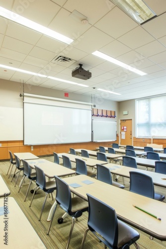  Modern classroom with rows of desks and chairs, interactive whiteboard, projector, and bright lighting setup