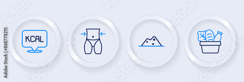 Set line Shopping bag and food, Salt, Women waist and Kcal icon. Vector