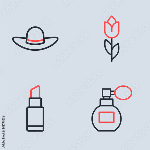 Set line Flower tulip, Lipstick, Perfume and Elegant women hat icon. Vector