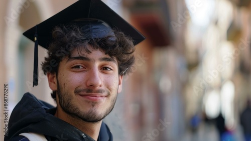  Young man in graduation cap smiling outdoors, close-up portrait with blurred urban background.