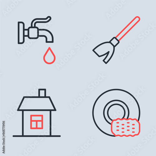 Set line Handle broom, House, Washing dishes and Water tap icon. Vector