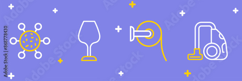 Set line Vacuum cleaner, Toilet paper roll, Wine glass and Bacteria icon. Vector