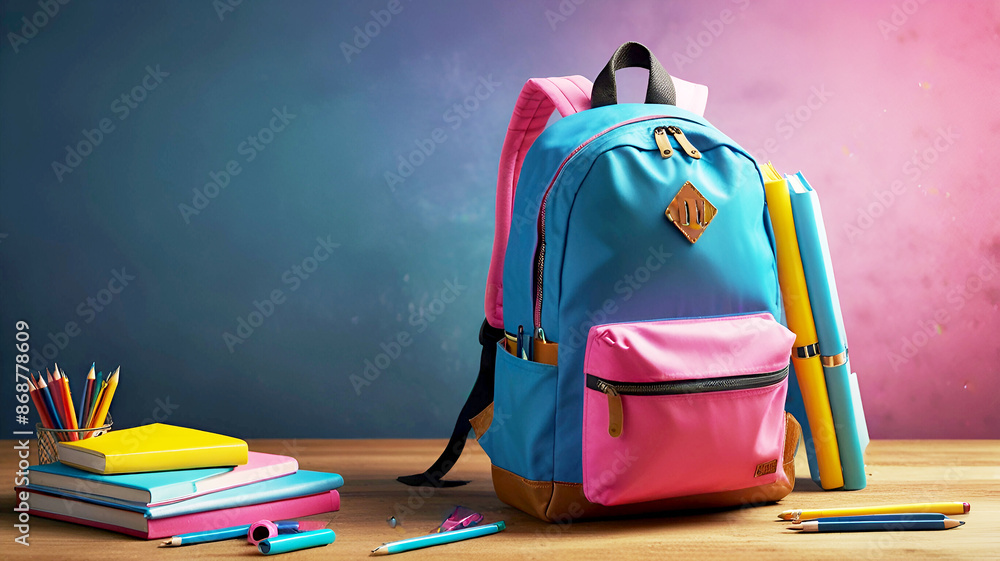 blue and pink backpack with books and school equipment. Generative AI blue and pink backpack with books and school equipment. Generative AI