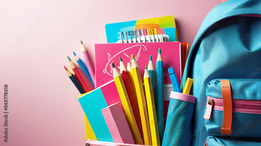 Fototapeta premium blue backpack with books and school equipment on pink background. Generative AI