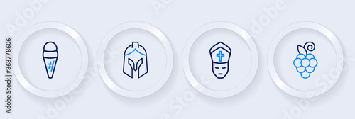 Set line Grape fruit, Pope, Roman army helmet and Ice cream in waffle icon. Vector