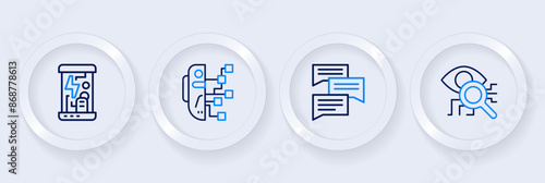 Set line Eye scan, Speech bubble chat, Humanoid robot and Cryogenic capsules icon. Vector