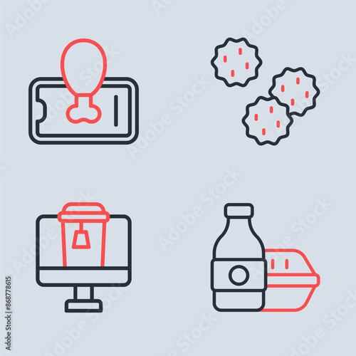 Set line Cookie or biscuit, Online ordering food, and Food on mobile icon. Vector
