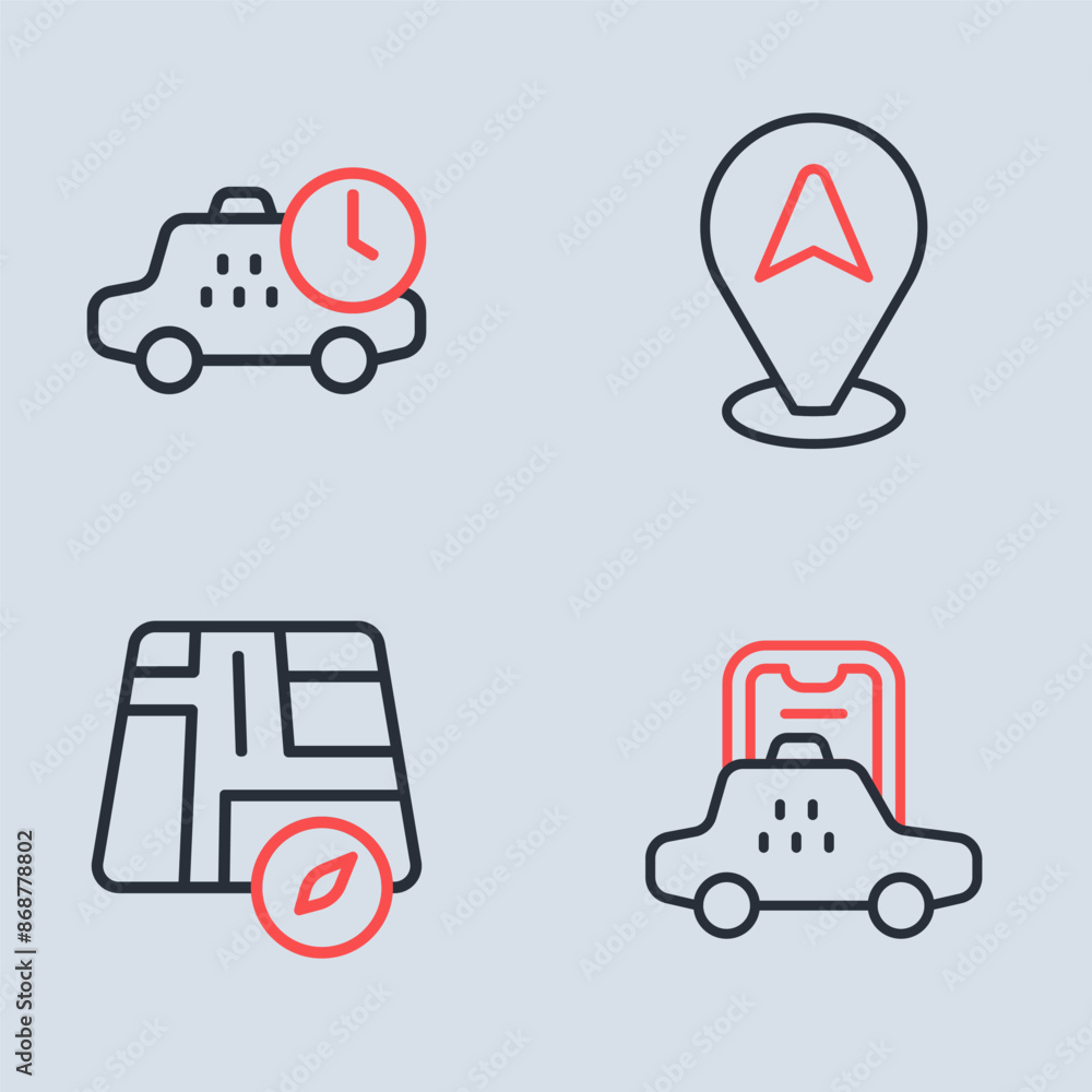 Set line Location taxi car, Taxi mobile app and waiting time icon. Vector Set line Location taxi car, Taxi mobile app and waiting time icon. Vector