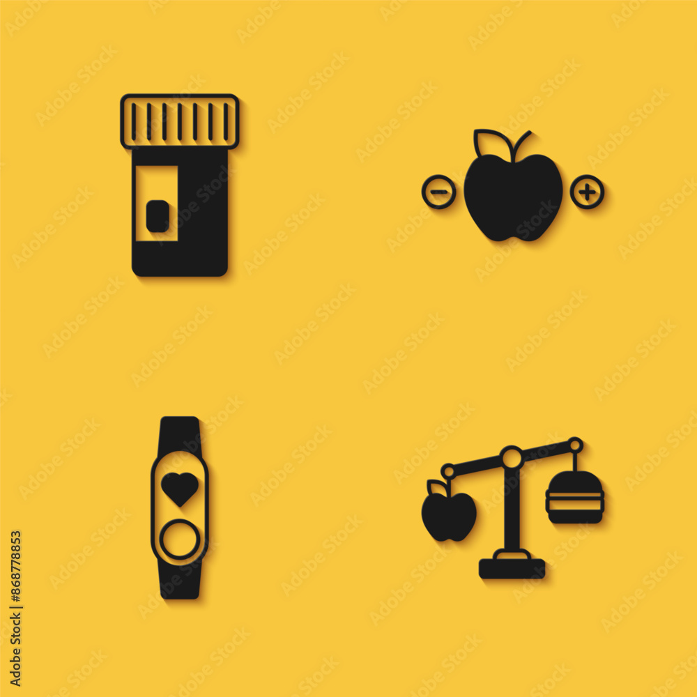 Set Vitamins, Calorie calculator, Smart watch with heart and icon with long shadow. Vector Set Vitamins, Calorie calculator, Smart watch with heart and icon with long shadow. Vector