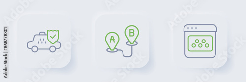 Set line Taxi mobile app, Route location and car insurance icon. Vector