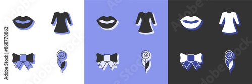 Set Flower, Smiling lips, Gift bow and Woman dress icon. Vector