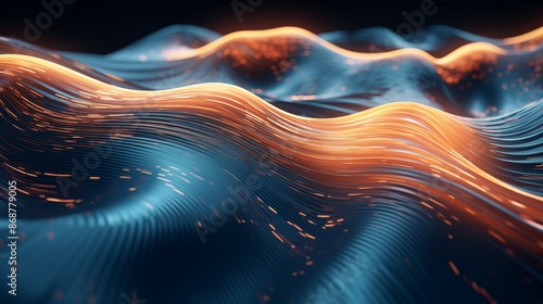 Big data field of a stream of interlaced strings. 3D illustration of wavy cyberspace