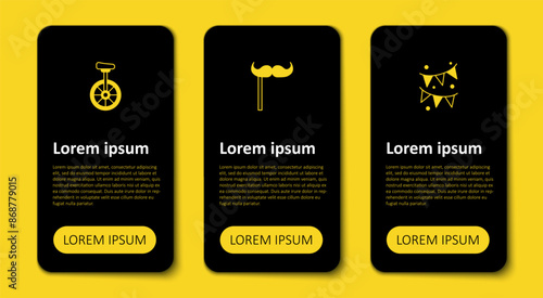 Set Carnival garland with flags, Paper mustache on stick and Unicycle. Business infographic template. Vector