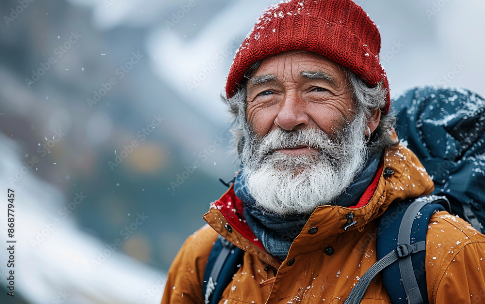 Senior Man Hiking in Snowy Winter Landscape Senior Man Hiking in Snowy Winter Landscape