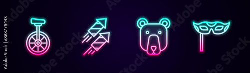 Set line Unicycle, Firework rocket, Bear head and Festive mask. Glowing neon icon. Vector