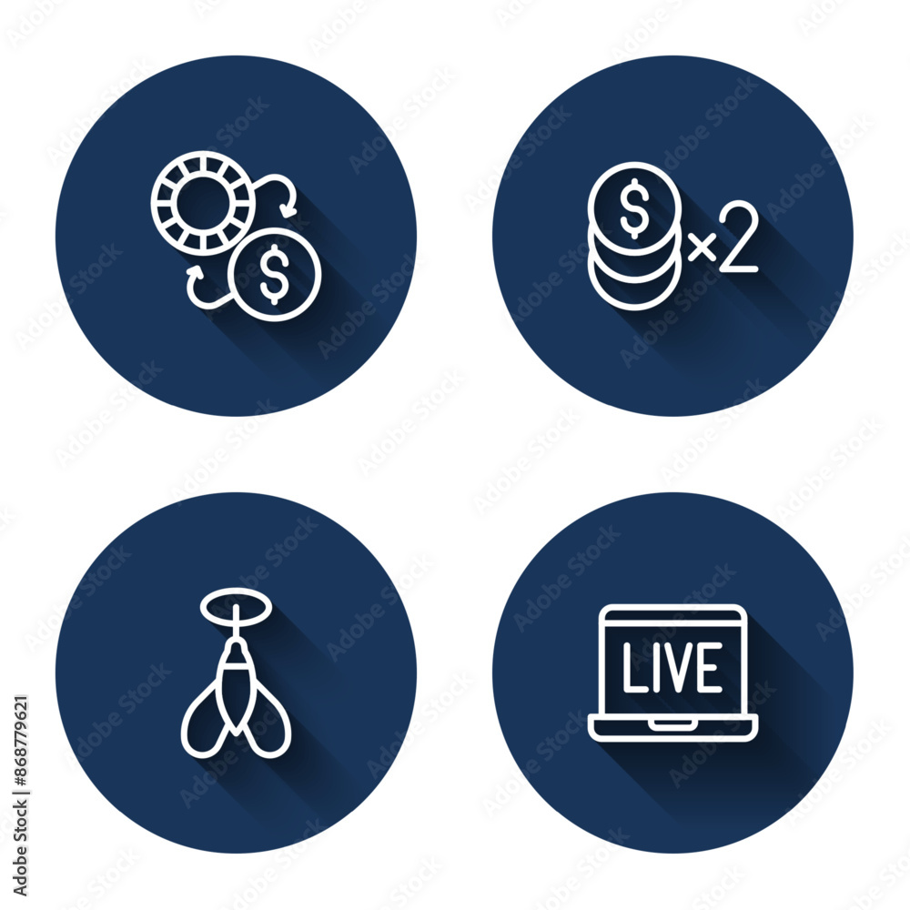 Set line Casino chips exchange, with dollar, Dart arrow and Online poker table game with long shadow. Blue circle button. Vector Set line Casino chips exchange, with dollar, Dart arrow and Online poker table game with long shadow. Blue circle button. Vector