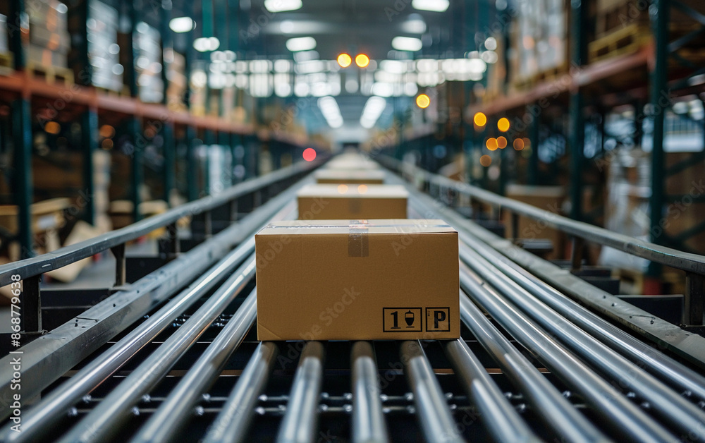 Cardboard Box Moving on Conveyor Belt in Warehouse Cardboard Box Moving on Conveyor Belt in Warehouse