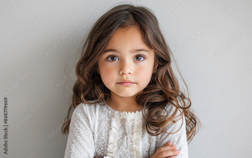 Young Girl With Long Brown Hair Posing for Portrait Against a White Wall Young Girl With Long Brown Hair Posing for Portrait Against a White Wall