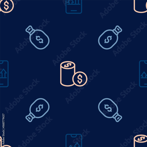 Set line Online sports betting, Money bag and Casino chip with dollar on seamless pattern. Vector