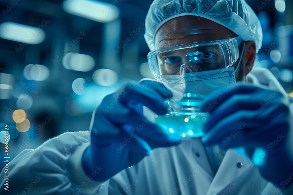 A focused scientist in a laboratory setting, wearing protective gear including a hair cover, safety goggles, and gloves, closely examines a petri dish illuminated with blue light. A focused scientist in a laboratory setting, wearing protective gear including a hair cover, safety goggles, and gloves, closely examines a petri dish illuminated with blue light.