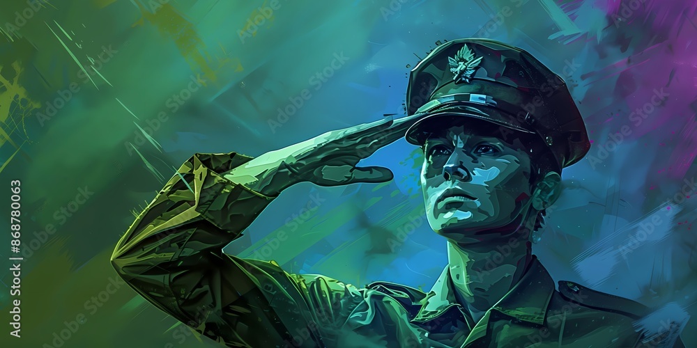 Fototapeta premium National Hire a Veteran Day July 25, abstract illustration of army military soldier saluting, banner, copy space