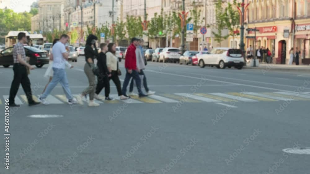 Slow motion. A crowd of people crosses the road at a traffic light at a zebra crossing in the city. Blurred frame unrecognizable Slow motion. A crowd of people crosses the road at a traffic light at a zebra crossing in the city. Blurred frame unrecognizable