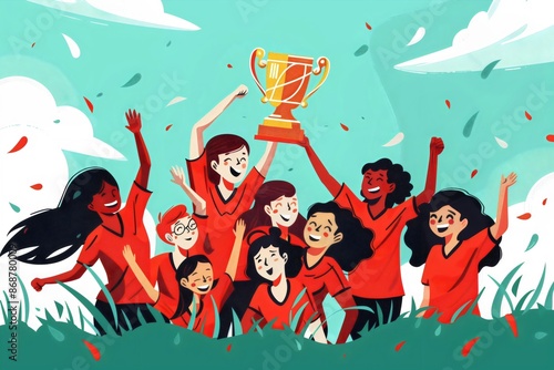 Female soccer team celebrate winning football trophy on pitch, National be a Good Teammate Day, flat illustration