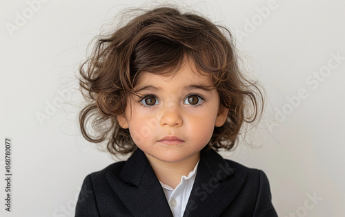 Portrait of a Young Boy With Curly Brown Hair and a Black Blazer