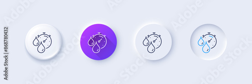 Paint drying time line icon. Neumorphic, Purple gradient, 3d pin buttons. Timer with dye drops sign. Dry time symbol. Line icons. Neumorphic buttons with outline signs. Vector