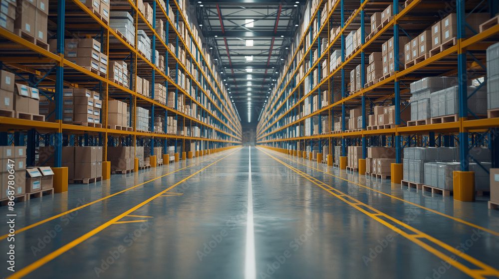 A large warehouse with a long aisle of boxes A large warehouse with a long aisle of boxes